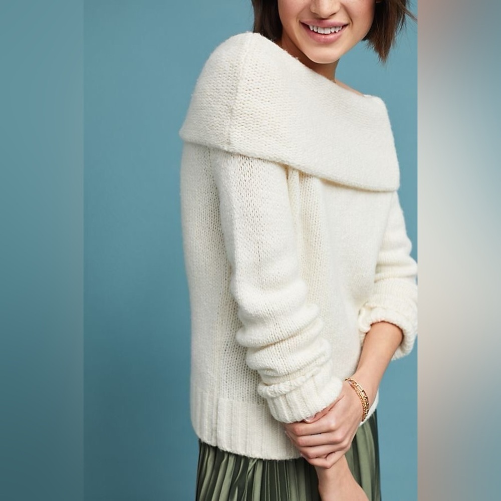 Anthropologie Natalia Sweater Off-Shoulder Ivory White Knit Sweater Size Small